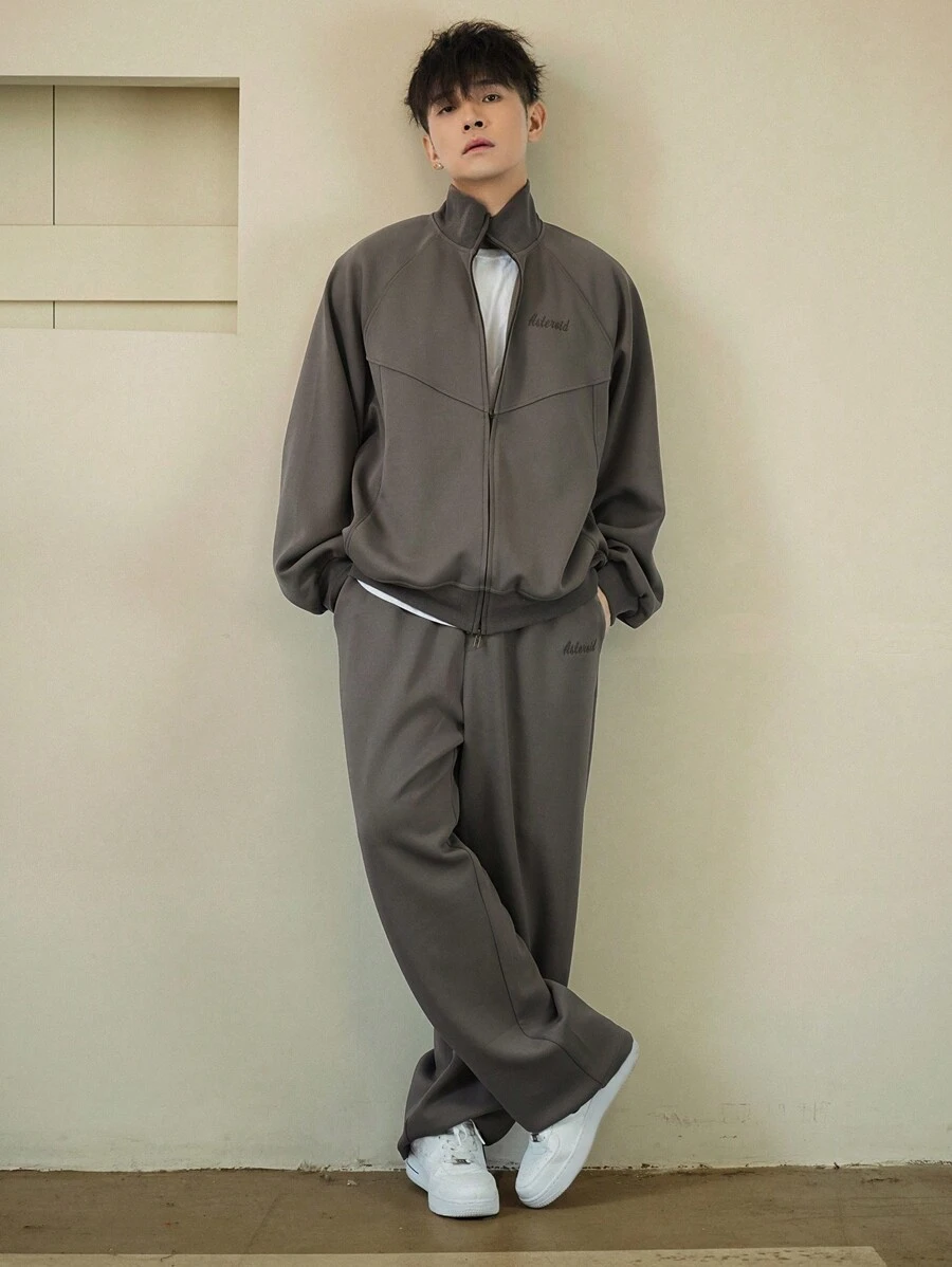 DAZY 男士休闲宽松纯色拉链领长袖夹克和裤子套装，秋季