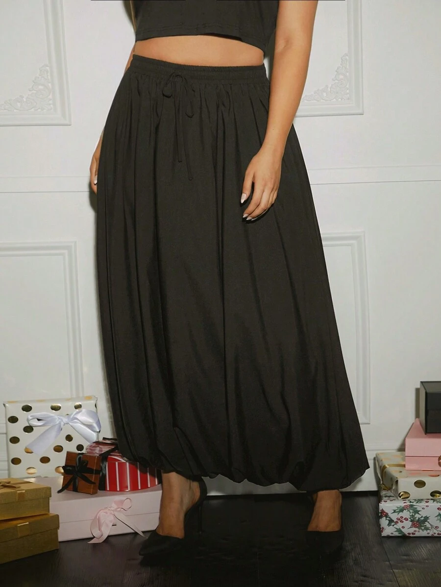 SHEIN SXY Plus Size Solid Color Front Tie Gathered Minimalist Casual Skirt - Black - View 1