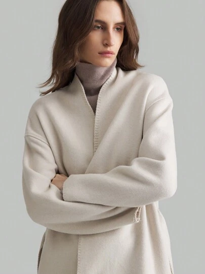 Ontre Women's 2025 New Spring Apricot Reversible Wool Blend Long Cardigan Coat, Elegant, Vintage Style, 50% Wool, Minimalist Design, Autumn/Winter