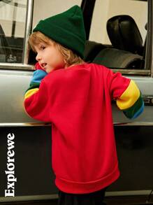 SHEIN 2pcs/Set Young Boy Casual Everyday Patchwork Letter & Mountain Print Sweatshirt & Sweatpants, Autumn - Red - View 2