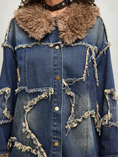 Grunge Punk Women's Autumn/Winter Fur Collar Patchwork Five-Pointed Star Fringe Denim Jacket
