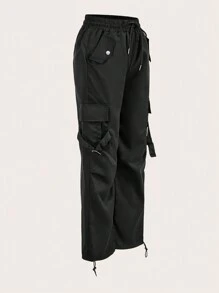 SHEIN Outdoor Urban 美式抽绳休闲工装裤女复古高腰宽松直筒阔腿裤春秋新品 - 黑色 - 查看 5