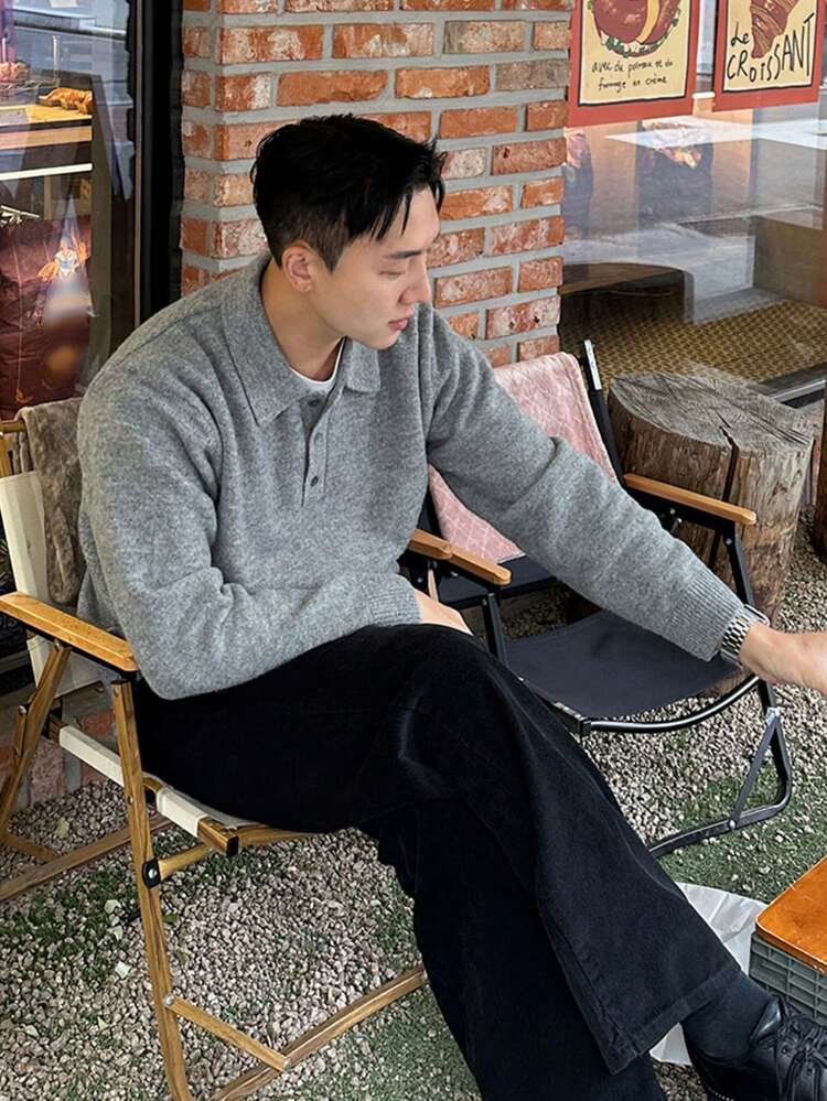 Men Solid Color V-Neck Sweater, Autumn