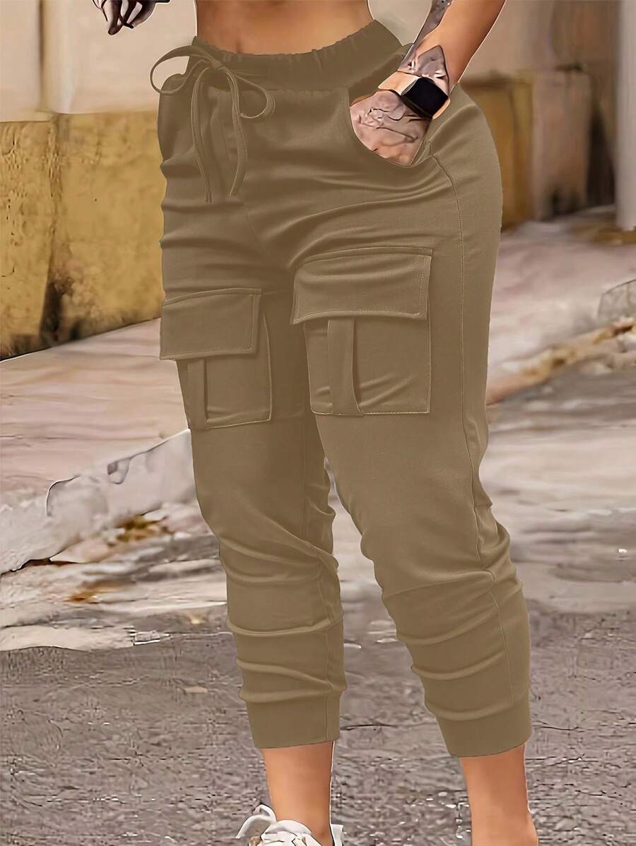 SHEIN LUNE Women's Fashionable Solid Color High Waisted Pants With Pockets - Khaki - View 1
