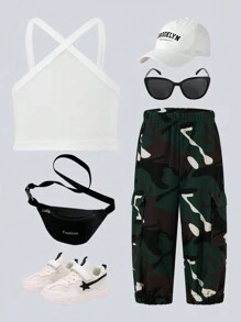 SHEIN Baby Girl Cami Top & Camo Print Flap Pocket Pants - Multicolor - View 1