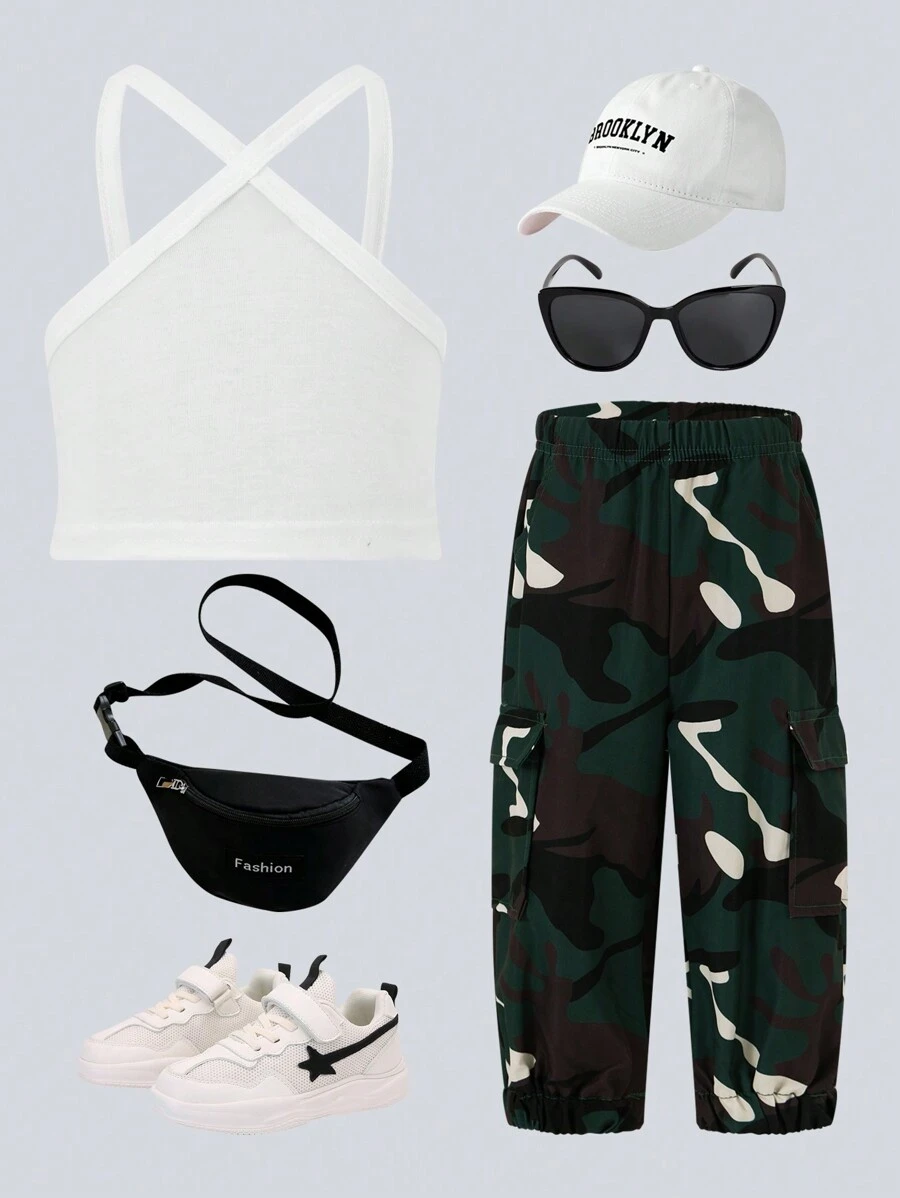 SHEIN Baby Girl Cami Top & Camo Print Flap Pocket Pants - Multicolor - View 1