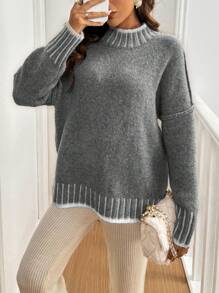 SHEIN Frenchy Women Loose Casual Oversized Stand Collar Color Block Sweater Winter - Grey - View 4
