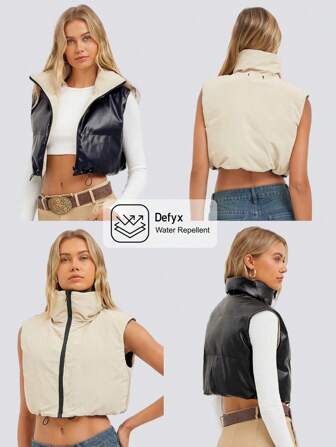 Easelle Reversible Contrast Color Stand Collar Padded Vest Jacket, Autumn/Winter