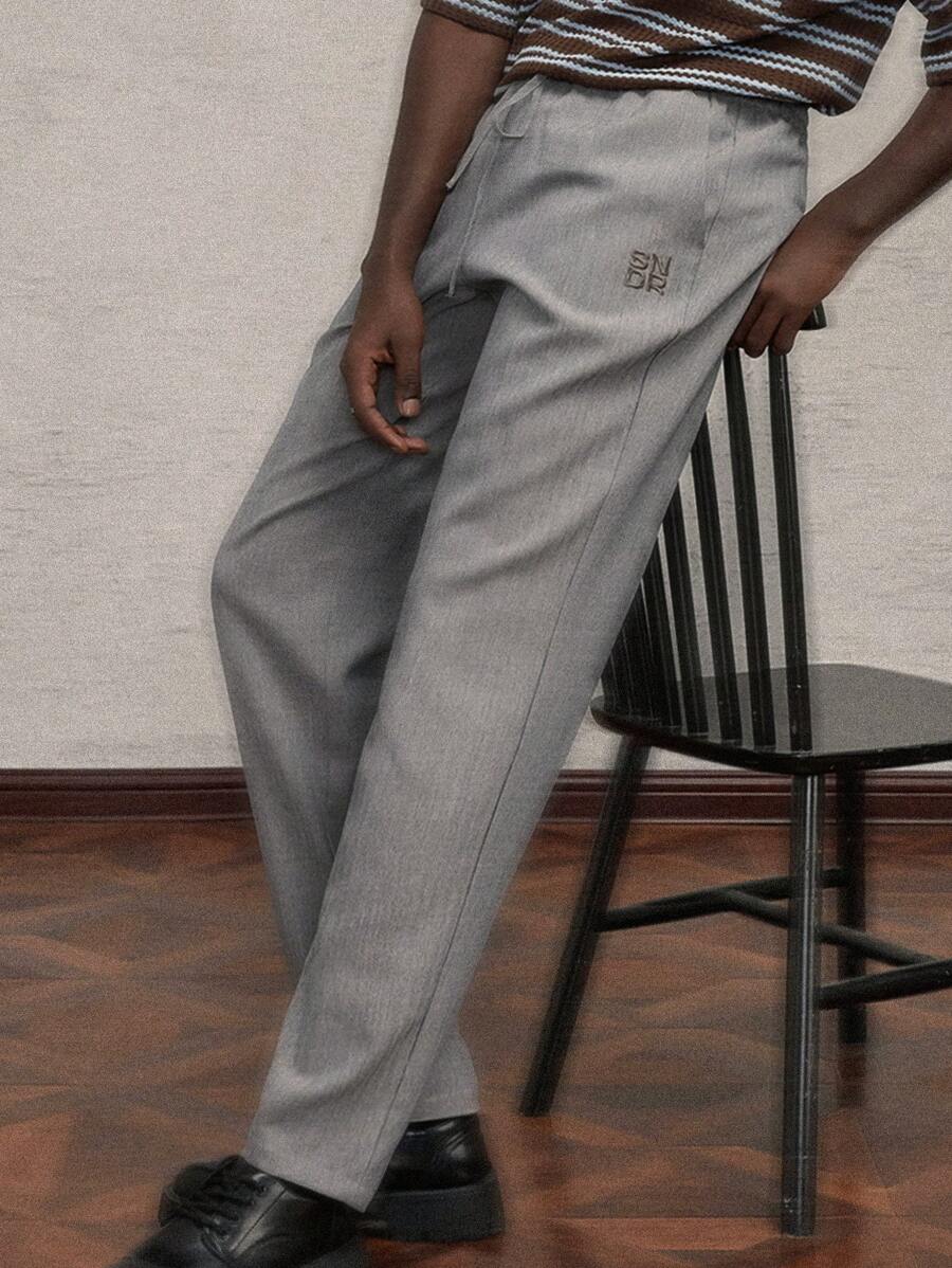 AKNOTIC Business Casual 男士编织字母刺绣长直筒休闲裤，适合日常穿着 - 淺灰色 - 查看 1
