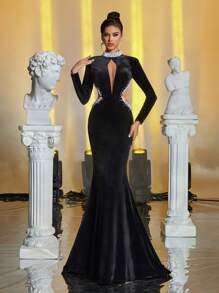 Glamrae Elegant Black Velvet Stand Collar, Padded Long Sleeve Dress, Fishtail Hem, Handcraft Beaded Detail, Suitable For Date, Singles Party, Wedding, Gala Event, Evening Gown, Formal Prom Dress, For Wedding Guest, Graduation, Dinner - Black - View 7