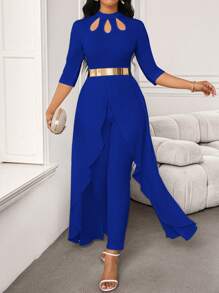 SHEIN Lady Mono elegante de mujer con diseño de corte de pétalos blanco, mangas medias y bajo asimétrico