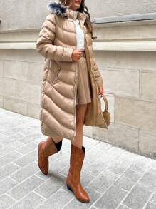 SHEIN Cottnline Faux Fur Hooded, Zip Up Long Line Puffer Winter Coat - Beige - View 4