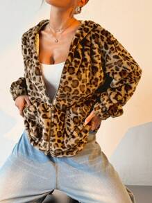 Muchica 豹纹蓬松宽松连帽拉链开衫