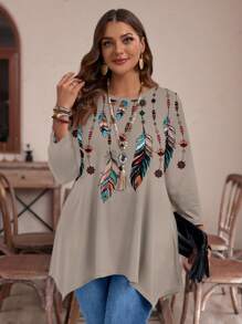 EMERY ROSE Plus Size Women New Year Casual Boho Colorblock Khaki Side Slit T-Shirt Autumn T-Shirt,Flower/Spring/Summer/Vacation Fall Formal Vacation - Multicolor - View 2