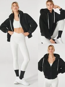 GLOWMODE Cozy Thick Polar Fleece Soft Warm Bomber Adjustable Drawstring Hoodie Windproof Ribbed Hem Cuffs Jacket With Side Pockets Daily Casual Winter