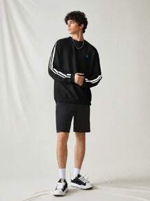 SWAVVY 男士休闲条纹拼布长袖宽松套头衫，适合秋冬