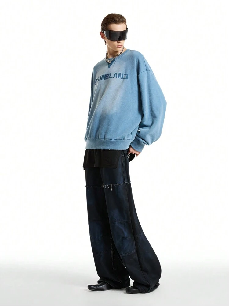 Men's Loose Fit Distressed Bamboo Knot Long Denim Jeans, Casual Street Style, Wide Jeans Baggy Plain Black Washed Jeans, For Husband, Boyfriend Gifts