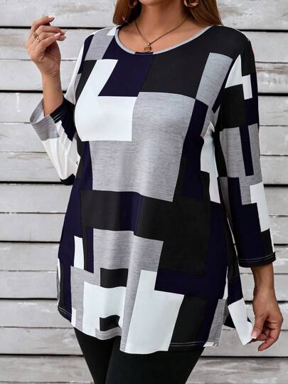 EMERY ROSE Plus Size Casual Color Block Loose Long Sleeve Round Neck T-Shirt, Autumn, For Summer