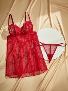 Charlaine 2 件套浪漫蕾丝拼布透明荷叶边蝴蝶结金属链性感睡裙套装女士 - 酒紅色 - 查看 8