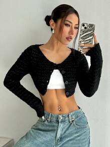 SHEIN Unity Women's Casual Simple Solid Color Button Front Cropped Cardigan, Autumn/Winter Fall Cloth For Women - Black - View 3