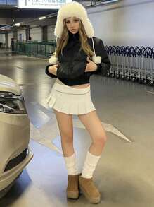 SHEIN EZwear 女士冬季羽绒高领黑色长袖 Zin Up 连帽短款羽毛羽绒大衣 - 黑色 - 查看 5