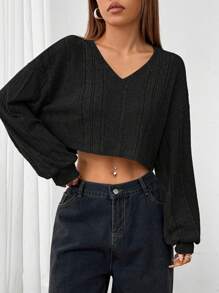 SHEIN EZwear Áo len ngắn cổ chữ V màu đen thoải mái và giản dị dành cho nữ - màu đen - Xem 6