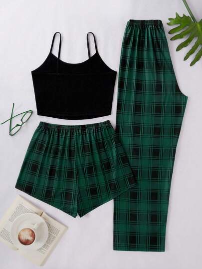 Women Camisole Top, Plaid Print Pants Shorts Pajama Set, view 2