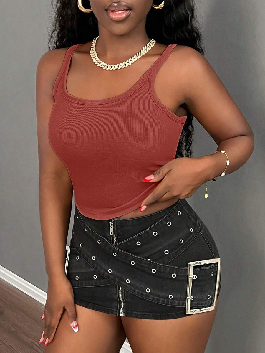 Slaydiva 2024 百搭罗纹弹力运动短款吊带背心女士 - 紅木色 - 查看 1