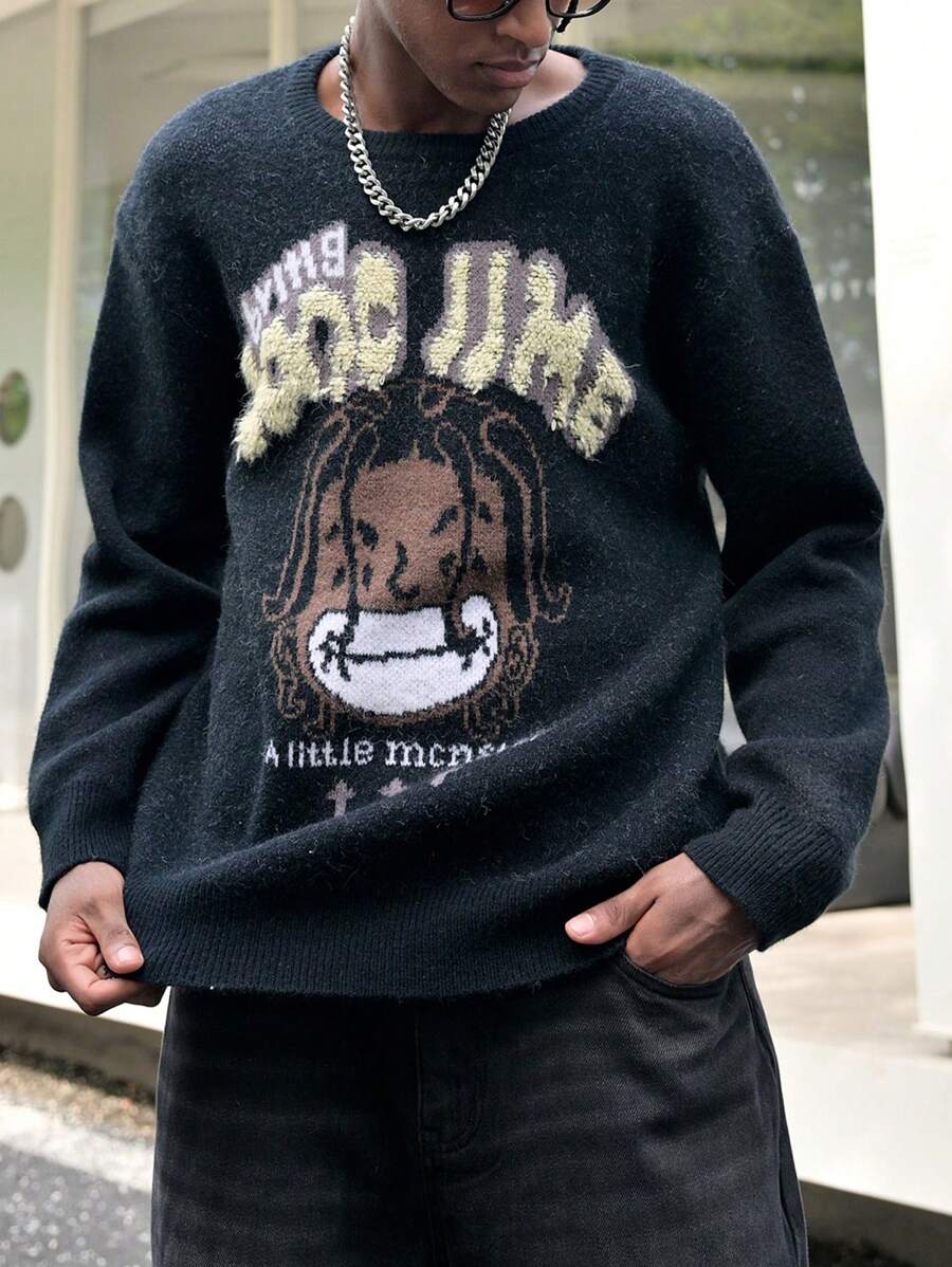 Manfinity EMRG 男士休闲卡通字母图案毛衣，秋季 - 彩色 - 查看 1