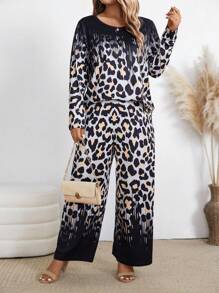2pcs/Set Plus Size Casual Leopard Print Knit Crew Neck Outfit For Women