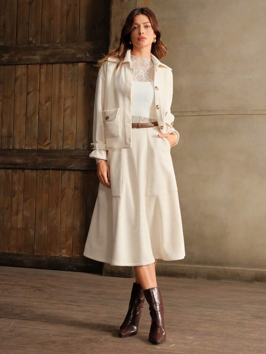 Anewsta 2 件套：带口袋的灯芯绒长袖夹克和裙子，适合秋冬季 - 杏色 - 查看 1