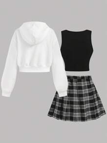 SHEIN Girlism 3pcs/Set Teen Girls Casual Outfit: White Zip-Up Hoodie, Knitted Vest, And Pleated Plaid Skirt  ,Graduation Outfit Graduation Outfit.