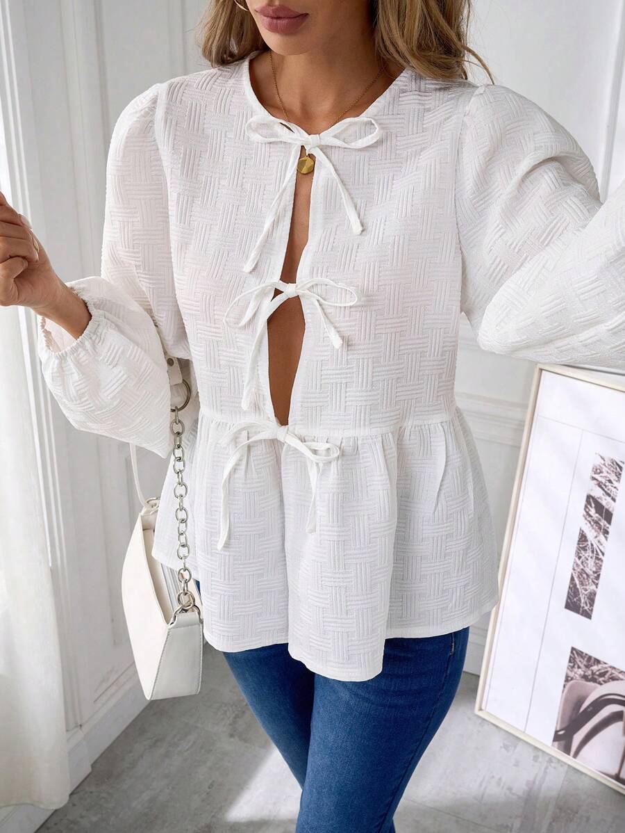 SHEIN Clasi 女式休闲长袖衬衫，带结饰和荷叶边下摆，适合秋季 - 白色 - 查看 1