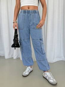 SHEIN Essnce Damen Lässig Verwaschen Verjüngend Geschnittene Cargo Jeans - Blau - Übersicht 1