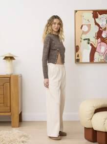 Aralina Luxe Marle Assymetric Stud Design Yarn Long Sleeve Knitted Cropped Sweater - Coffee Brown - View 18