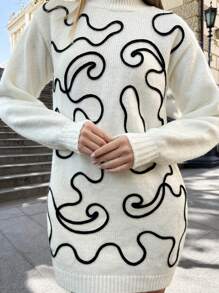 Sweter z golfem w swobodnym stylu, kontrastowym, ręcznie szytym, abstrakcyjnym haftem