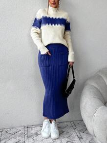 EURMUSE 2 件套女士休闲拼色立领毛衣和纯色迷你裙，适合秋冬季 - 寶藍色 - 查看 6