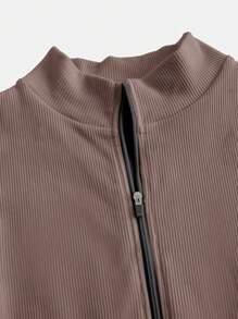 女士纯色拉链半襟休闲短袖短款连体裤 - 卡其色 - 查看 5