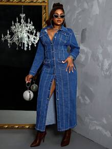Slaydiva Plus Size Casual Front Button Long Denim Dress For Autumn