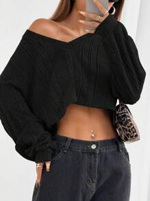 SHEIN EZwear Áo len ngắn cổ chữ V màu đen thoải mái và giản dị dành cho nữ - màu đen - Xem 1