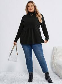 SHEIN CURVE+ Curve Plus Texture Autumn And Winter Bottoming Black T-Shirt - Black - View 5