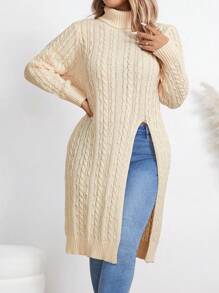 SHEIN LUNE 大码纯色高领开衩长袖休闲套头毛衣针织衫秋冬款 - 米色 - 查看 4