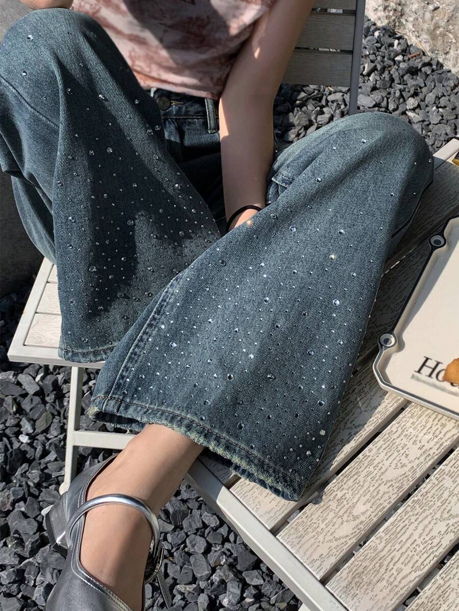 DAZY 女士休闲日常洗水斜口袋宽松阔腿牛仔裤，秋季