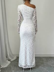 Rafferiza Đầm Maxi Phối Ren Tay Dài Đơn Giản, Vai Xiên, Đơn Giản, Trang Phục Mùa Thu Cho Nữ - trắng - Xem 2