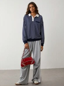 TRNVIE 1pc Blue Striped Patchwork Color Block Casual Knit Pullover Sweatshirt For Women, Autumn/Winter  Fall Outfit - Navy Blue - View 1