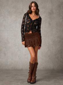 SHEIN BAE Black Lace Sweet Romantic Western Paneled Ballet Style Ruffled Mini Skirt - Coffee Brown - View 5