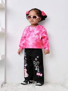 SHEIN Babygirl Autumn/Winter Cute Versatile Cartoon Graffiti Elastic Waist Long Pants - Black - View 6