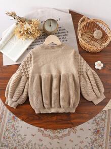 SHEIN Young Girls Casual Solid Color Diamond Pattern Patchwork Lantern Sleeve Sweater, Autumn/Winter - Khaki - View 2