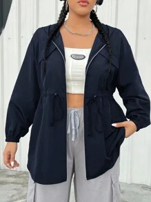 SHEIN EZwear Plus Size Women Solid Color Zipper Front Hooded Jacket, Suitable For Autumn Fall Winter - Navy Blue - View 4
