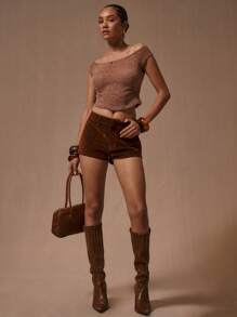 MUSERA Bardot Knit Crop Top Vacation Spring Summer Holiday - Coffee Brown - View 1